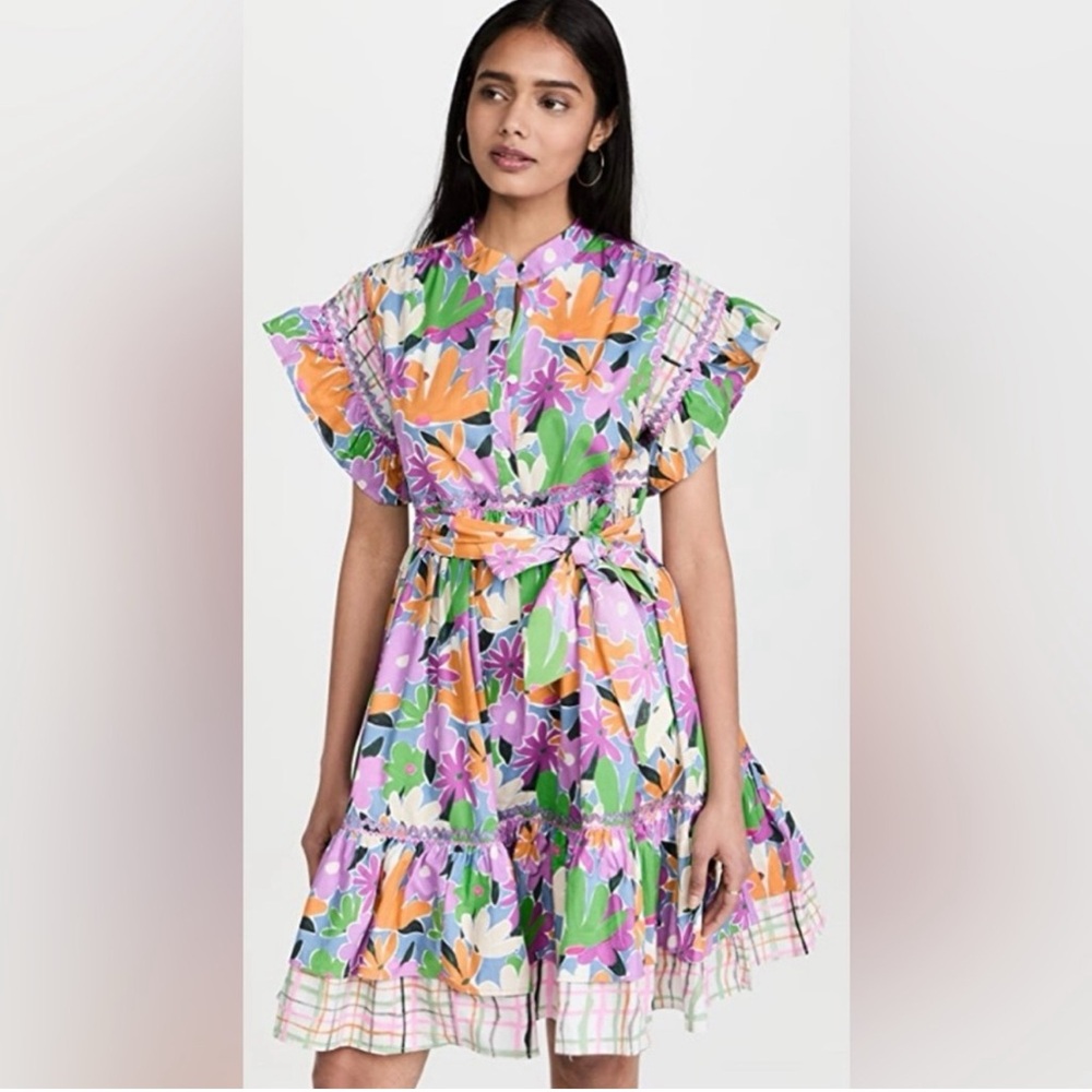 🆕Celia B Floral Multicolor Cotton Ruffle Dress short leave , green purple Sz XL